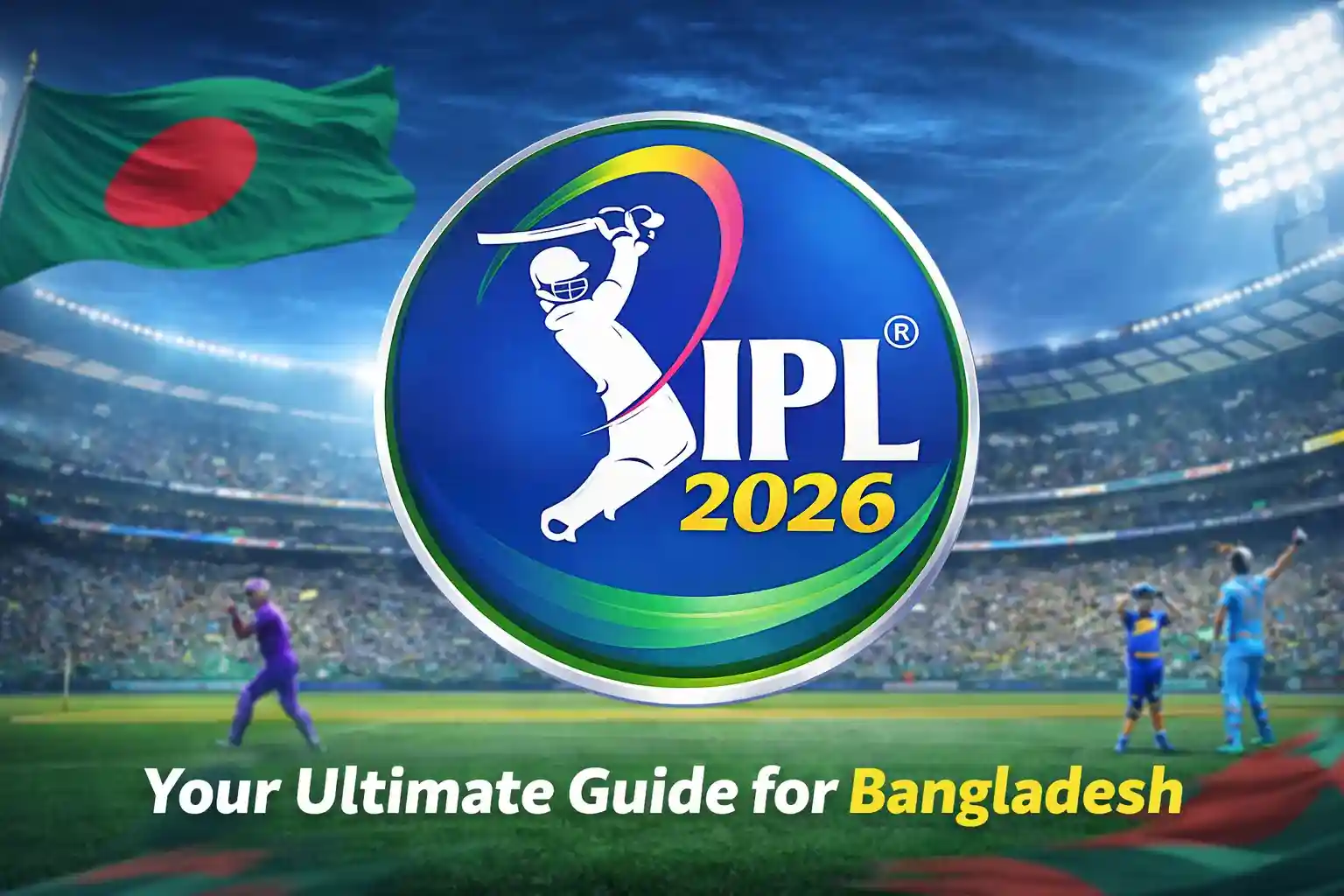 IPL 2026 official logo with Bangladesh flag and cricket stadium background tailored for Bangladeshi fans