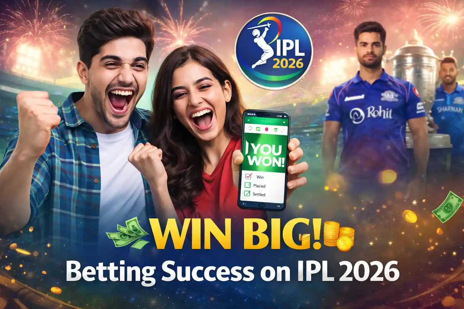 Happy couple celebrating a big win on a mobile betting app with IPL 2026 branding