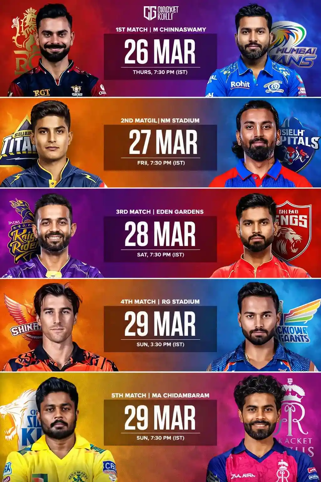List of first five IPL 2026 matches featuring teams like RCB, Mumbai Indians and Delhi Capitals