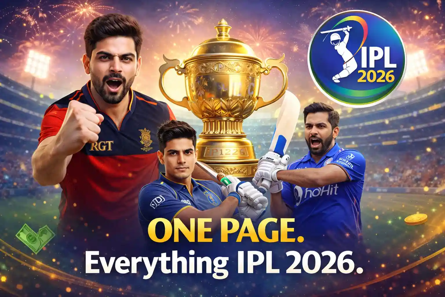 IPL 2026 Season Overview - Golden championship trophy with stars like Virat Kohli and Shubman Gill promoting the 2026 season