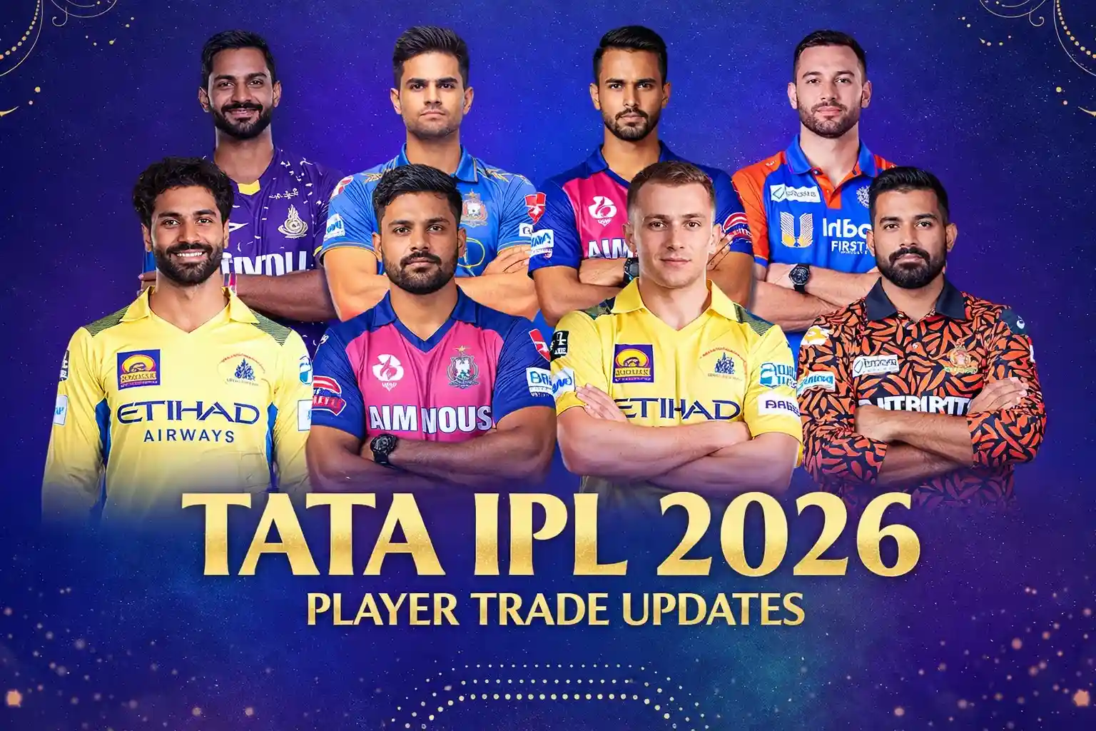 Tata IPL 2026 player trade updates banner featuring captains from major franchises in team jerseys